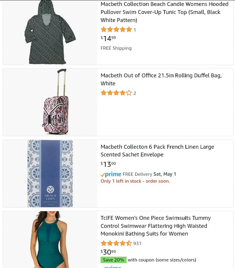 RealityTVBliss's tweet photo. Marge describes herself as a global business woman selling #MacbethCollection. I decided to search on Amazon because she alleged she's global. One actual item to buy ๐. She wrote a book of lies about being successful, a good mother, and a me too victim #RHONJ https://t.co/pfiO3byvHS