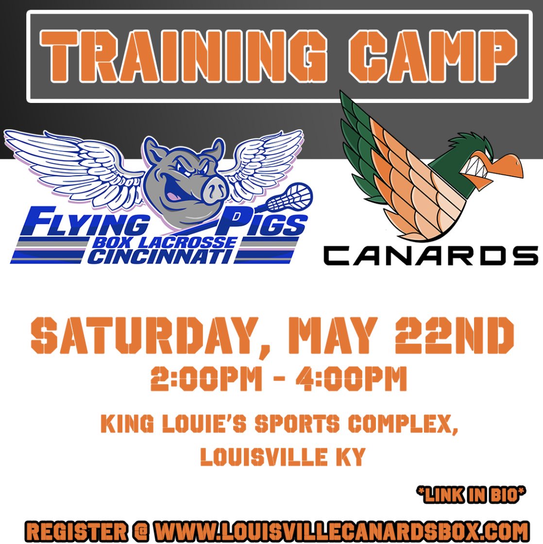 Cincinnati Flying Pigs Box Lacrosse (@cincinnatipigs) on Twitter photo Joint training camp announcement! Join the Pigs and 2 Time RBLL-Ohio Champions @louisvillecanards for a joint training camp on 5/22. 
Registration Link Below:
Louisvillecanardsbox.com/training-camp
#boxlacrosse #boxlax #ibla #cincinnati #cincy #lacrosse Joint training camp announcement! Join the Pigs and 2 Time RBLL-Ohio Champions @louisvillecanards for a joint training camp on 5/22. 
Registration Link Below:
Louisvillecanardsbox.com/training-camp
#boxlacrosse #boxlax #ibla #cincinnati #cincy #lacrosse