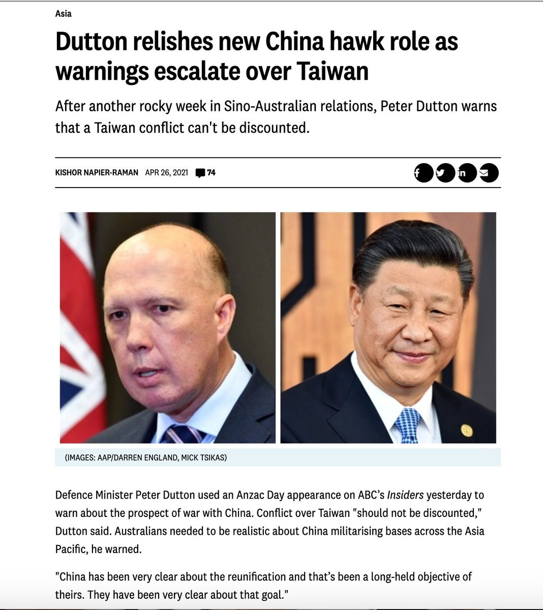 Secondly, Peter Dutton chest thumping over China.This is more about appealing to Australian's obsessive insular sovereignty (you notice how often the government use that word) & Australian's votes than it is about engaging with China.It serves two purposes - votes. And votes.