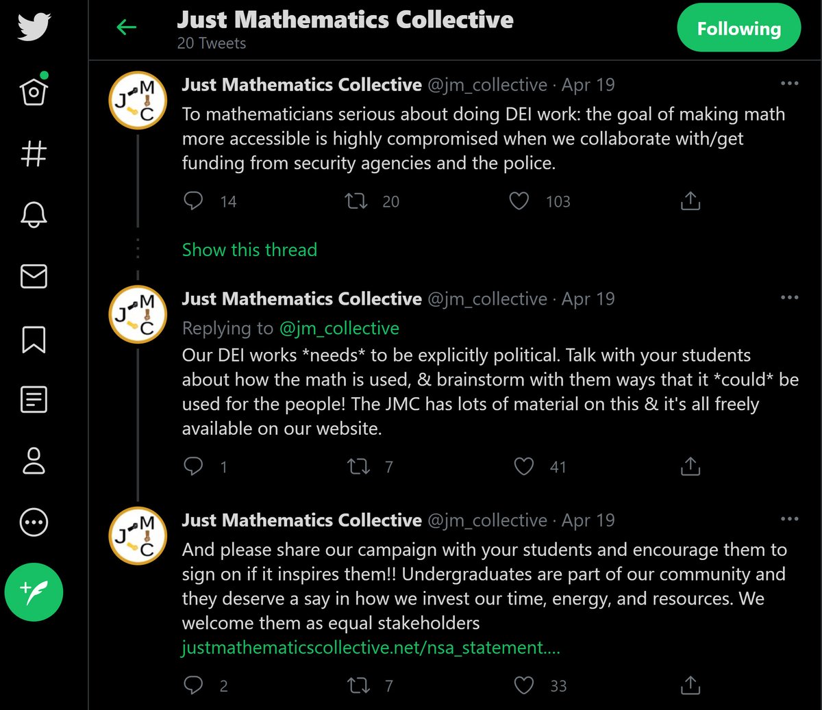 6/ sadly, they imply that a mathematician cannot be a “true ally” working towards the goals of diversity, inclusion, & equity if they have any connection to the  @NSAGov, etc. this is dismissive of we who strive for div/incl/eq via teaching, mentoring, & more.