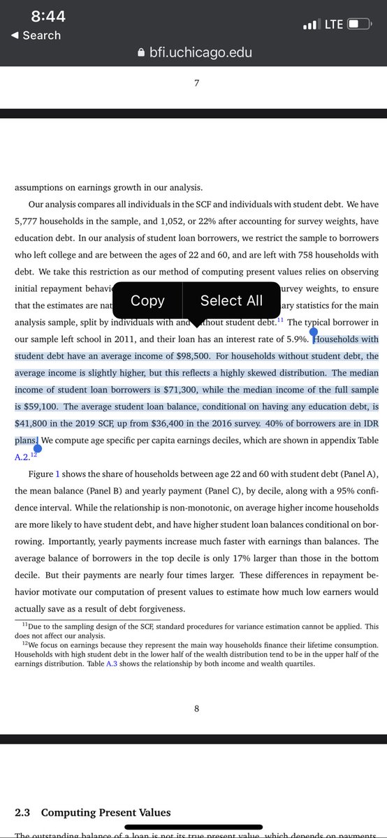 The UChicago paper only compares households w/ student debt to the entire sample, which IMO is too broad. There aren’t income calculations for educated people w/o student debt - those likely to have generational wealth propping them up.