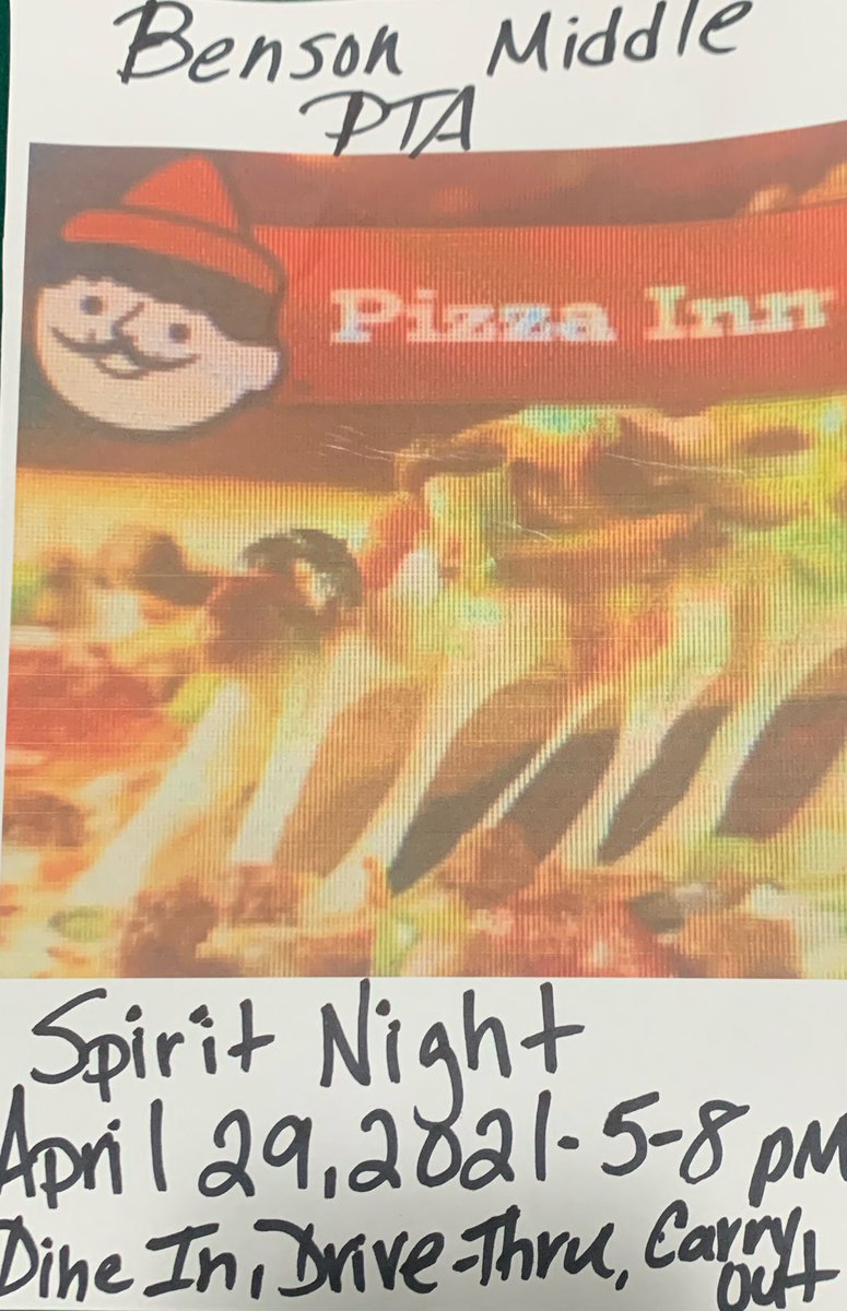 Benson Middle PTA Pizza Inn Spirit Night from 
5-8 pm tomorrow, April 29th @ the Pizza Inn in Dunn. 💙💛🍕

*Dine In
*Go Through The Drive-Thru
*Carry Out

<a href="/djune06/">Dana Jernigan</a> 
<a href="/pamrouthi/">Pam</a> 
@JeffreyHenry123
<a href="/DeannaRuthBlue1/">Deanna Ruth Blue</a>
<a href="/bluesbroncos/">Deanna Blue</a>