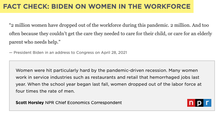 President Biden highlighted the pandemic's disproportionate impact on women in the workforce.

When the school year began last fall, women dropped out of the labor force at a rate four times that of men. #PresidentialAddress
trib.al/qe9jsoI