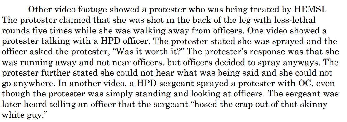  @huntsvillecity lawyer Hamilton made a big deal about how HPD uses only "necessary force" in their use of force spectrum. The report pretty thoroughly refutes that. He also talks about their "duty to assist". HPD openly mocked injured protesters and refused to aid them.