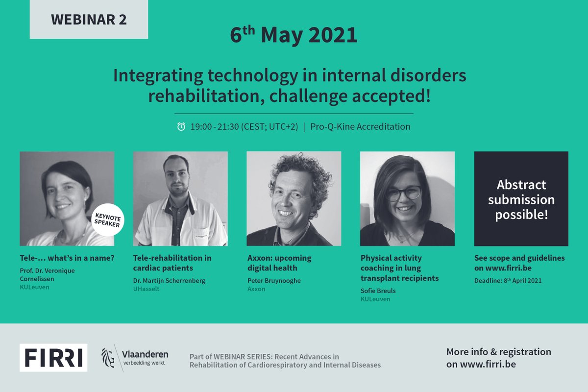 We hope you enjoyed our first webinar!

👇NEXT UP in our webinar series 👇
"Intergrating technology in internal disorders rehab, challenge accepted!" 📲📊🏃

📌6 May 2021
⏰ 19:00-21:30 (CEST)

Registration: firri.be (deadline 2/05)

Pro-Q-Kine accreditation ✅