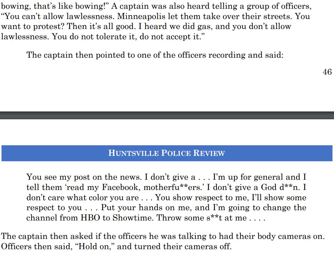 Here, a Captain tells his subordinate to *turn off his body camera*, once he realizes he's been recorded saying "Put your hands on me, and I’m going to change the channel from HBO to Showtime." Hard to imagine accountability from a department with this kind of culture.