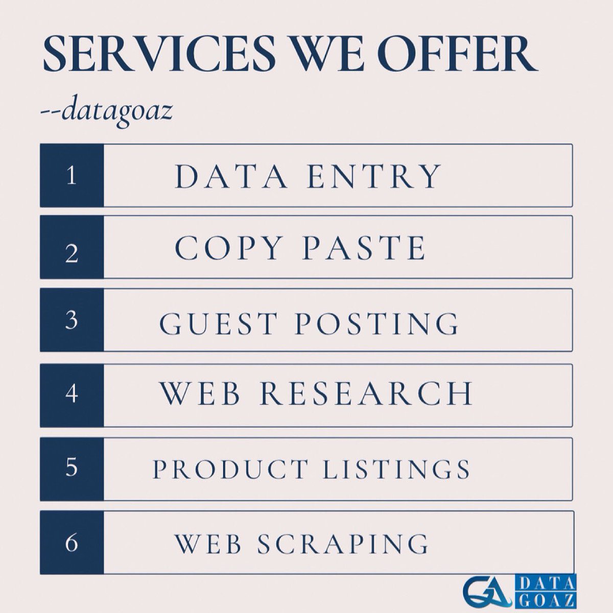 DataGoaz's tweet image. Services we offer..
..
#DATAENTRY #WEBRESEARCHING #VIRTUALASSISTANT #GUESTPOST #ITSOLUTIONSFORBUSINESS #emailmarketing #businessideas #californiadataentry #datascience #ecommercedata #newyorkdata #wordtoexcelEurope #digitalmarketing