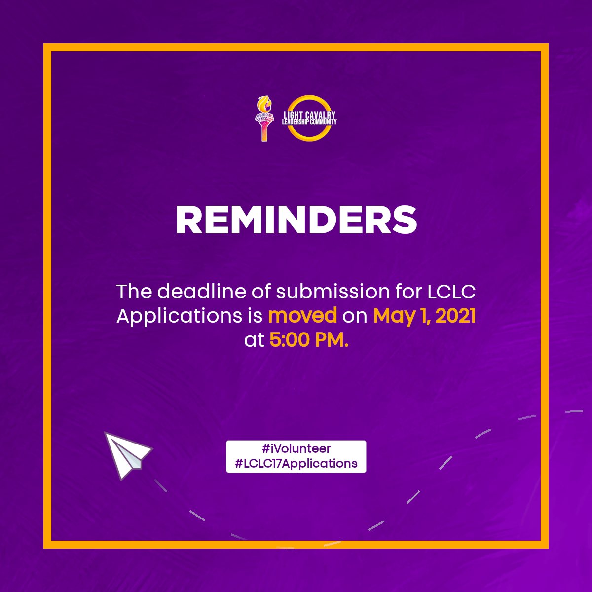 Reminder Ateneans!

The deadline of submission for LCLC Applications is moved on May 1, 2021 5:00 PM. Apply now and be part of Light Cavalry Leadership Community!

Join the FB page through: facebook.com/groups/8369608…

#iVolunteer
#LCLC17Applications