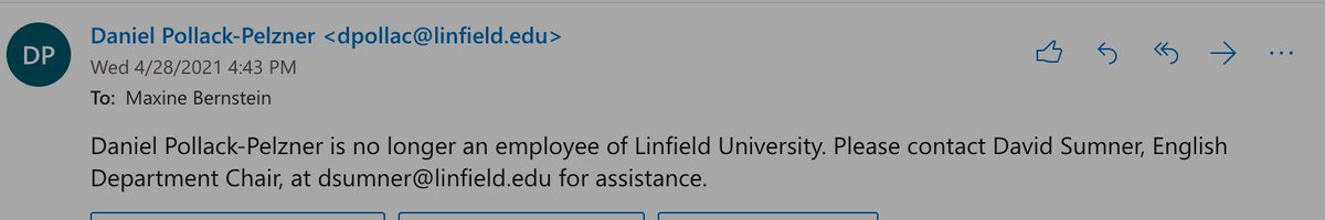 The professor learned he was fired when his laptop screen during a work-related Zoom meeting froze and shut down. He couldn’t access his  @LinfieldUniv email. When he sent a personal email to his university email , he got this same message that he longer wked at the school.