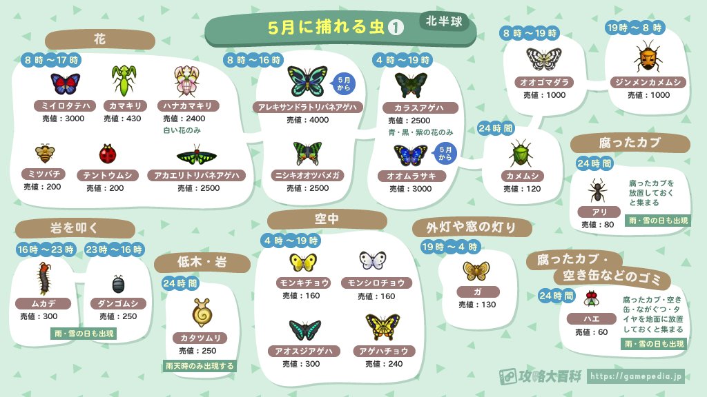 あつ森攻略 攻略大百科 5月に出現する虫 5月に出現する虫のまとめ画像です 端末に保存してお使いください 北半球 南半球それぞれお間違いの無いようご注意ください あつ森 あつまれどうぶつの森 あつ森攻略 攻略大百科 5月に出現する虫 5月に出現する虫のまとめ画像です 端末に保存してお使いください 北半球 南半球それぞれお間違いの無いようご注意ください あつ森 あつまれどうぶつの森