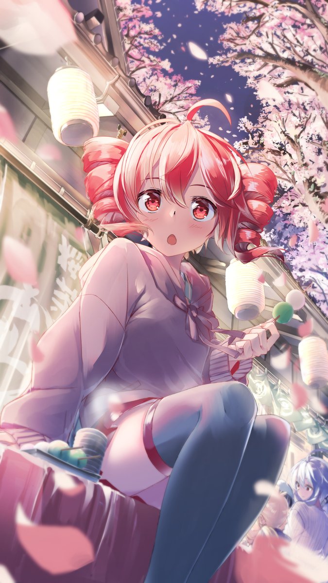kasane teto cherry blossoms dango wagashi drill hair thighhighs food night  illustration images