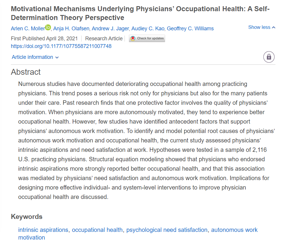 MCRR's newest article, 'Motivational Mechanisms Underlying Physicians’ Occupational Health: A Self-Determination Theory Perspective' was published today! You can read it now at journals.sagepub.com/doi/full/10.11…!