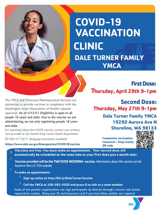 SHORELINE: First dose Moderna appointments are still available for a vaccination clinic Thursday morning at the Dale Turner Family YMCA. Your second appointment will be at the same time as your first, on May 27. Register here:  http://bit.ly/DaleTurnerVaccine