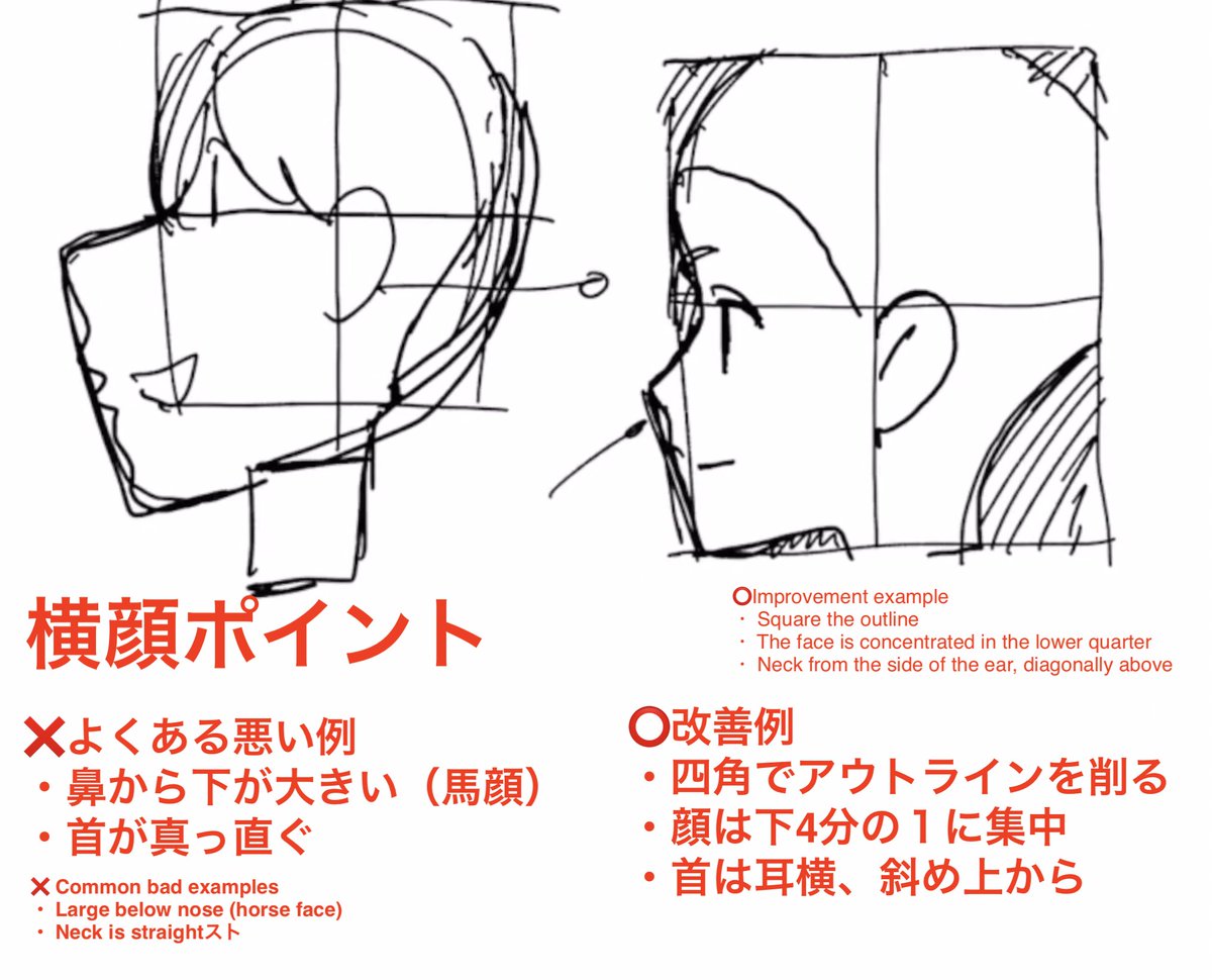 Q、横顔の目鼻口のバランスがわかりません。
 何かコツはありますか?

A、横顔の基本形を覚えてください。
正面顔のイメージから当てずっぽうで描かないこと。
いい感じに横顔が見える漫画アニメの記号を先人は作ってきた。
上手い横顔をポイントを意識して吸収しましょう。 