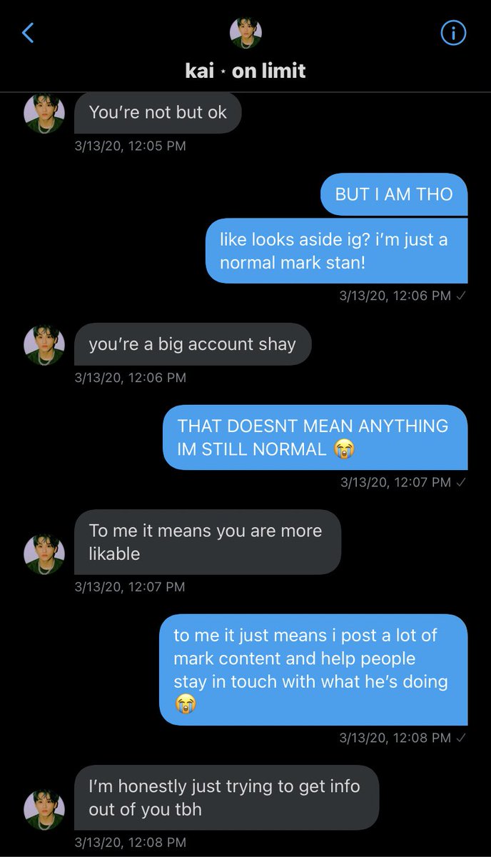 so kai would always mention how i was a big acc and would put me on this pedestal even tho i said many many times that i was just a normal mark stan,, which i am,, but then they started getting into having a crush on me