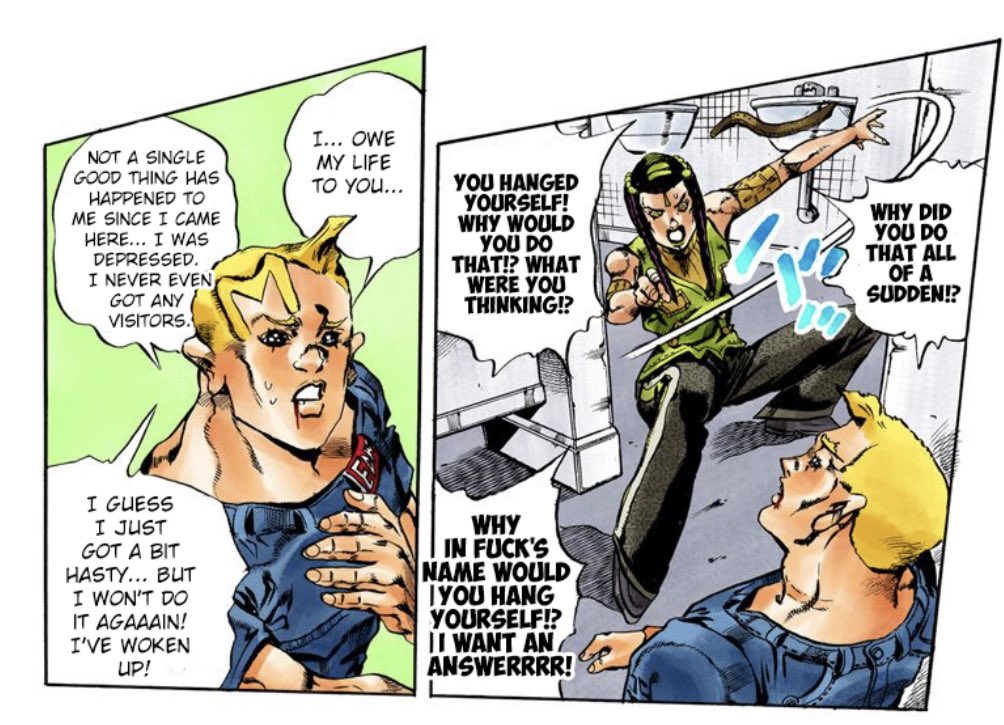 The 6th Part of JJBA 2001 takes place during 2010 in Green Dolphin St Prison. In Stone Ocean, a character exists based on Alexander McQueen named “Thunder McQueen”. During his first appearance, the character attempts suicide by hanging and talks about struggling with depression.