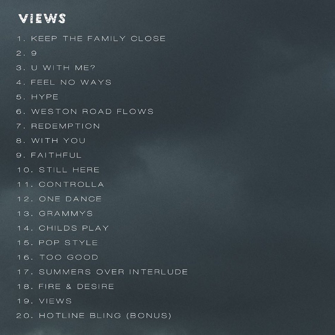 WordOnRd's tweet image. 5 years ago today Drake dropped his 6th album, VIEWS. It debuted at #1 on the Billboard 200 and spent 13 weeks at this position. It was the first album to reach 1 billion streams on Apple Music and is RIAA certified 6X platinum. VIEWS has now spent 258 weeks on the Billboard 200.