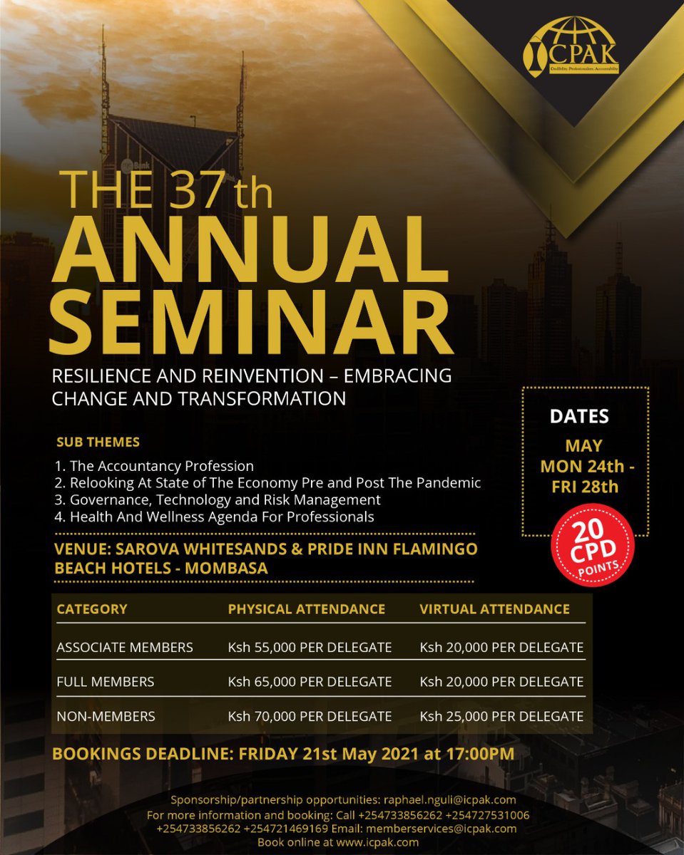 Automation of many traditional accountancy tasks means that the role of the accountant is evolving. What skills will be necessary for Accountants  to remain relevant? Join as at the #37thICPAKAnnualsem for more insightful discussions. Book online at.
icpak.com/event/the-37th…