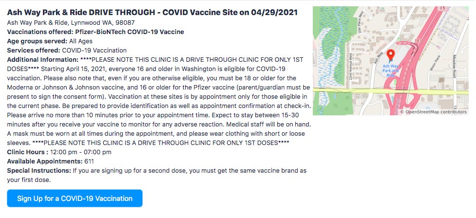 LYNNWOOD: More than 600 spots are still open for a drive-thru Pfizer vaccination clinic Thursday at the Ash Way Park and Ride from noon to 7 p.m.Register here:  https://prepmod.doh.wa.gov/client/registration?clinic_id=2843