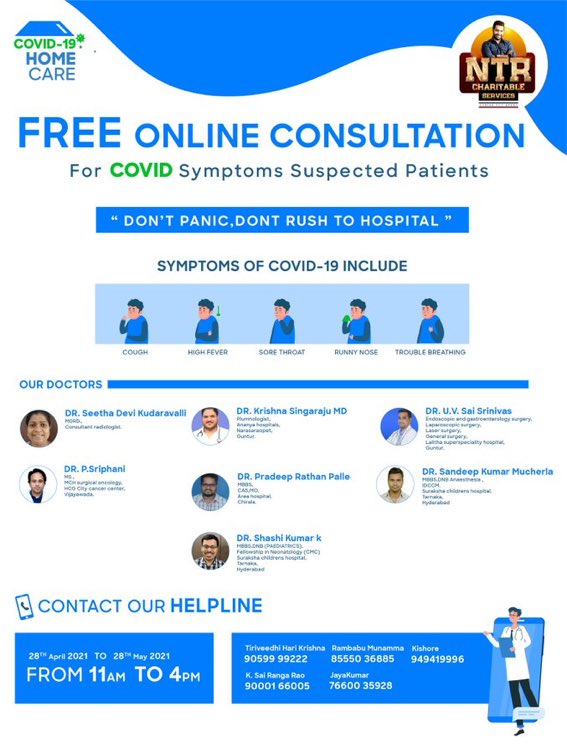 Don't Get Panic &amp; Don't Get Worried About Covid - 19. Our <a href="/NTR_Charities/">NTR Charitable Services</a> Are Providing Multispeciality Doctor's At You Free Consultation With Proper Medication. Feel Free To Call &amp; Get Your Queries Cleared

<a href="/tarak9999/">Jr NTR</a> ❤️
#NTRCharitableServices 
#FightAgainstCovidWithNTRCharities
