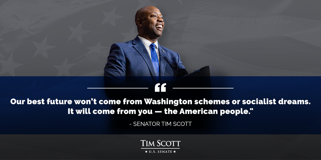 votetimscott's tweet photo. "Our best future won’t come from Washington schemes or socialist dreams. It will come from you — the American people." https://t.co/6uErsrDXGl