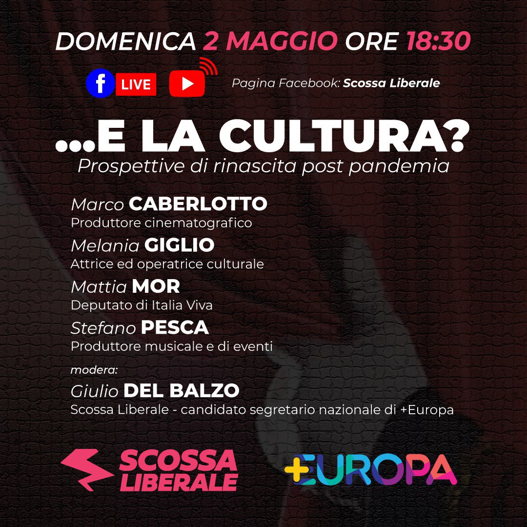 🧳…e la cultura?

Prospettive di rinascita post pandemia, ne parliamo in diretta Facebook: Scossa Liberale 

Domenica 2 Maggio, ore 18.30 con 
<a href="/MarcoCaber/">Marco Caberlotto</a> , <a href="/MorMattia/">Mattia Mor</a> , Stefano Pesca, Melania Giglio e <a href="/giuliodelbalzo/">Conte Del Balzo Official🖤</a>

Vi aspettiamo!

#scossaliberale #delbalzosegretario