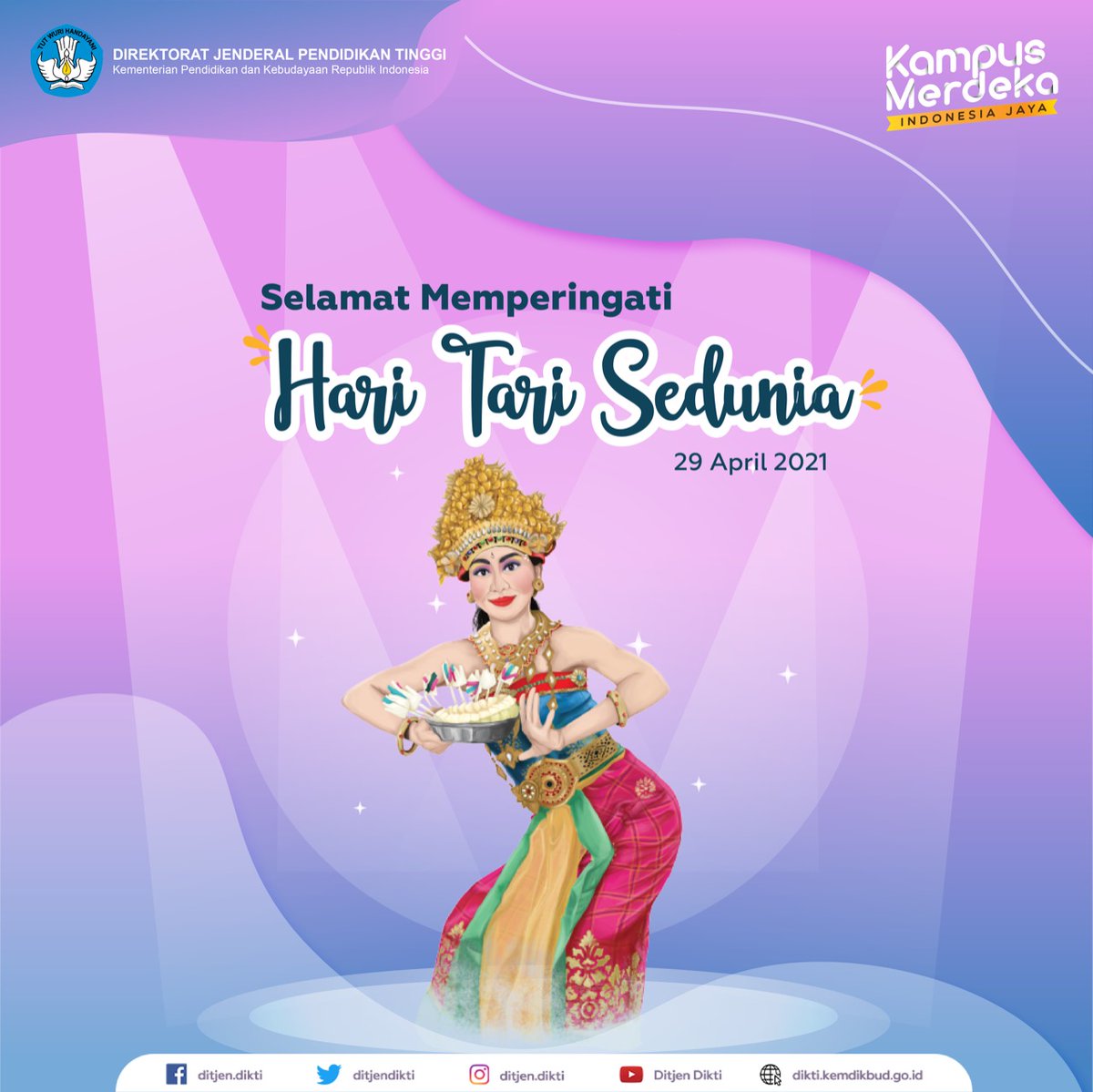 Halo #InsanDikti,

Hari Tari Sedunia jatuh pada tanggal 29 April yang merupakan tanggal lahir Jean Georges Noverre sebagai pencipta balet modern. 

Selamat Hari Tari Sedunia!

#Kemendikbud #PendidikanTinggi #KampusMerdekaIndonesiaJaya #DiktiSIGAPMelayani #HariTariSedunia
