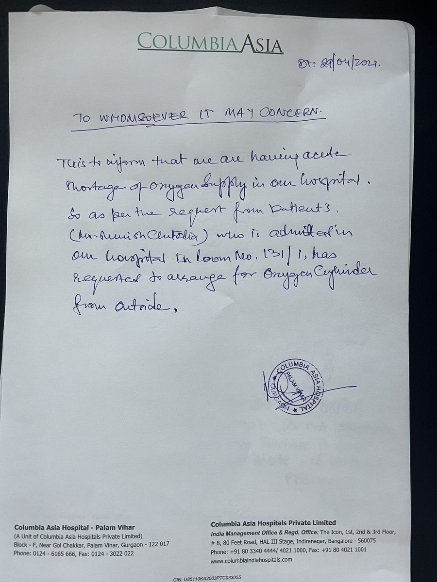 tarunchittodia's tweet photo. SOS, there is a shortage of oxygen in columbia aisa hospital, palam vihar, gurgaon, my brother Munish is admitted there (room no. 131/1) in covid ward. requesting you to please arrange the oxygen supply /cylinder asap. written letter from hospital @DC_Gurugram @cmohry @mlkhattar https://t.co/WoF3pZSLEm