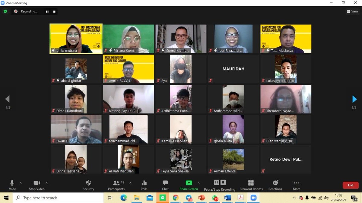 basicincome_lab's tweet photo. Telah berlangsung diskusi sesi 2 dan sesi 3 dari rangkaian peluncuran Basic Income for Nature and Climate. Terima kasih kepada convenor, narasumber, dan para peserta.

Cc: @Sonnymumbunan @Cittairlanie @ranityanurlita @Greenpeace @walhinasional @BasicIncomeINA https://t.co/YB8s3RllFV