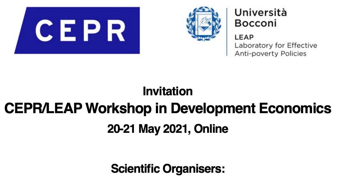 🚨CEPR/LEAP Workshop in Development Economics🚨

If you are interested in development economics, please join us for the upcoming workshop on the 20th and 21st of May: cepr.org/7094/programme.

Open attendance, you just need to register.