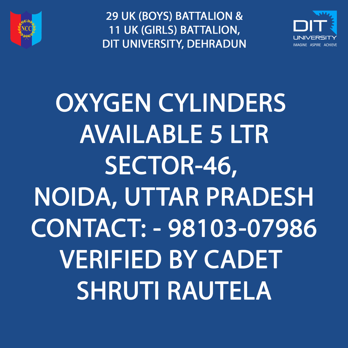 NCC_DITU's tweet photo. #selfverified #OxygenCylinders #OxygenShortage #CoronavirusIndia #Corona2ndWave #Noida #UttarPradesh https://t.co/X198MGV0Sl