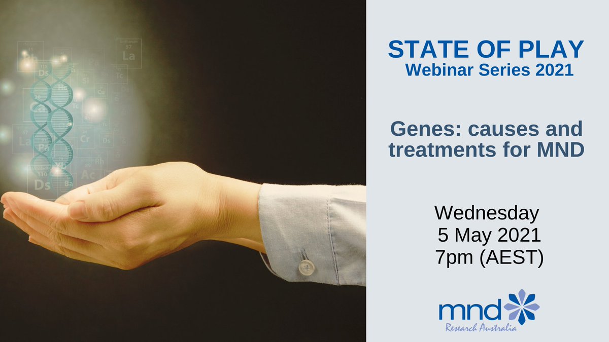 Join us for our special #MNDWeek21 State of Play webinar.

"Genes: causes and treatments for MND" 🧬 with Dr Emily McCann and Professor Anthony Akkari. <a href="/emily__mccann/">Emily</a>

⏰ Wednesday, 5 May @ 7pm AEST

Register: bit.ly/3nwE3ZF