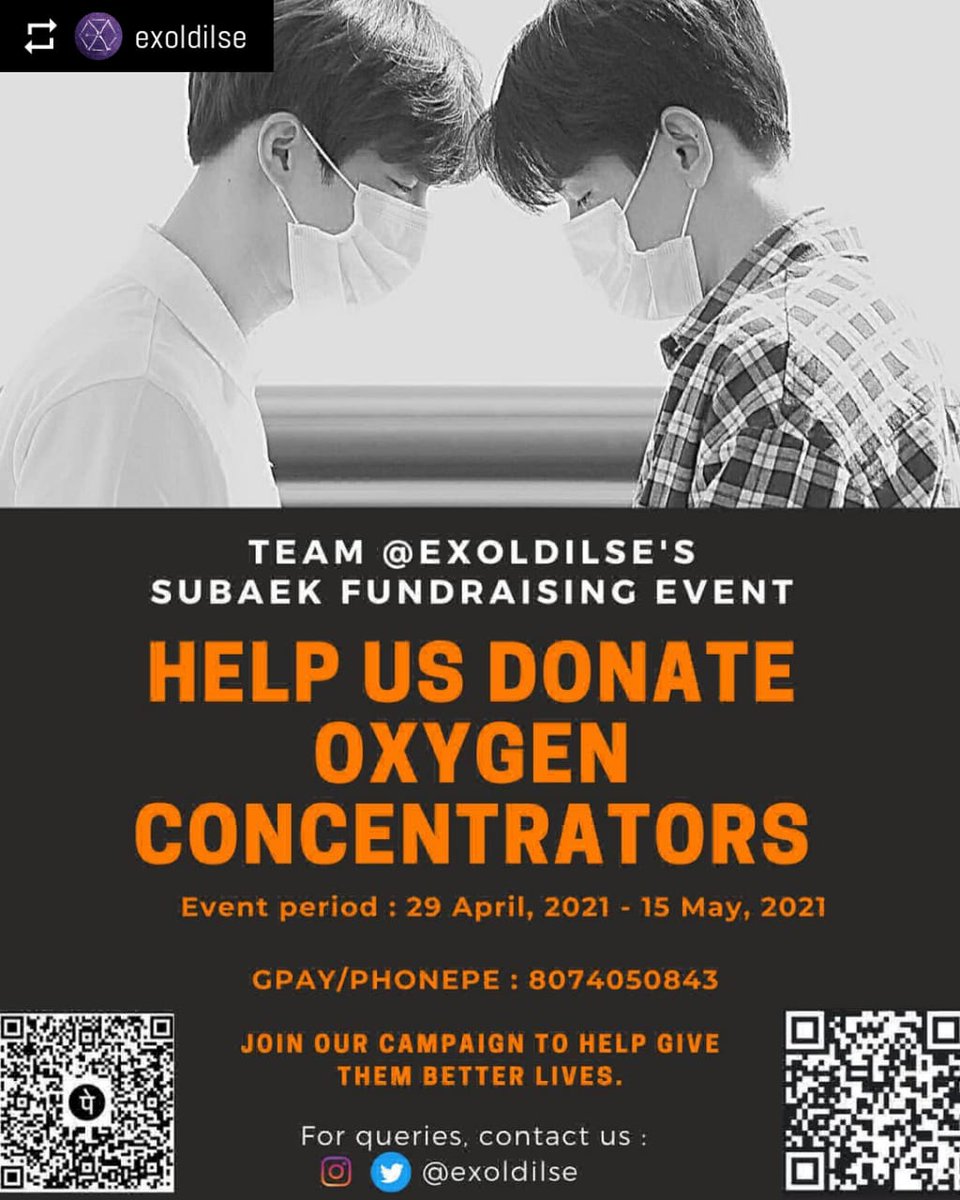 exoldilse's tweet photo. Hi, exoldilse is back with its 3rd fundraising project. As we all know the present situation in India, we will donate the oxygen cylinders/concentrators with the fund raised. HOPE YOU'LL SUPPORT @weareoneEXO #fundraising #IndiaFightsCorona #EXO @B_hundred_Hyun @layzhang https://t.co/X1O5M8jeeD