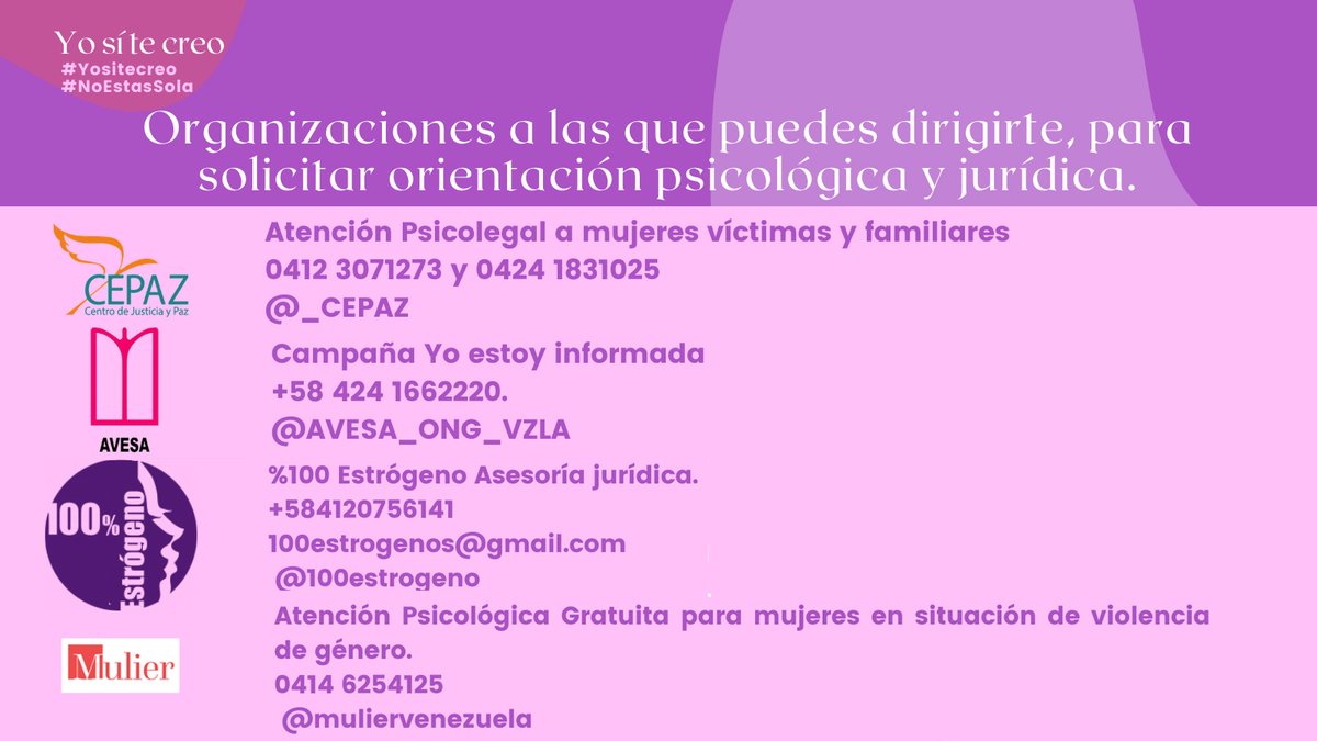 No estás sola, muchas ONG te podemos acompañar. 

Puedes solicitar ayuda psicológica y legal gratuita en los siguientes números. La violencia y el abuso sexual no son un juego. 

¿Conoces a alguien que sea víctima? Comparte esta información para que podamos apoyarla. #YoSíTeCreo