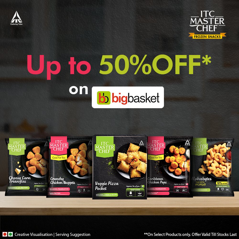 ITCMasterChef's tweet photo. Satiate your snack cravings with ITC Master Chef Frozen Snacks with a massive Up To 50% off on Big Basket!
Shop from a wide range of Veg and Non-Veg easy cook snacks!
#ITCmasterchef #ITC #Yummy #Tasty #Foodie #Makeathome #Stayathome #LockdownCravings https://t.co/CaAudkOtDm