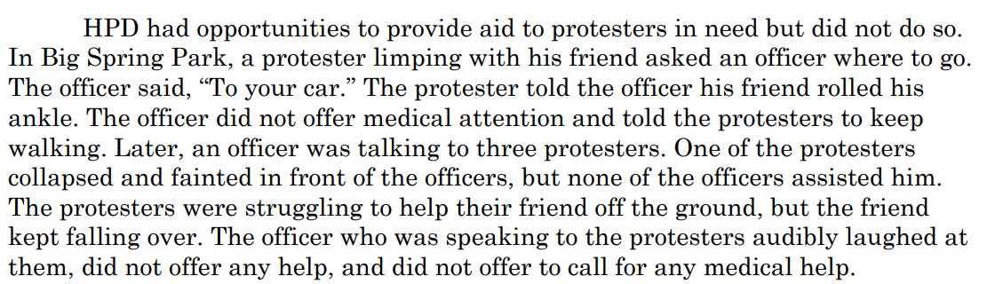  @huntsvillecity lawyer Hamilton made a big deal about how HPD uses only "necessary force" in their use of force spectrum. The report pretty thoroughly refutes that. He also talks about their "duty to assist". HPD openly mocked injured protesters and refused to aid them.