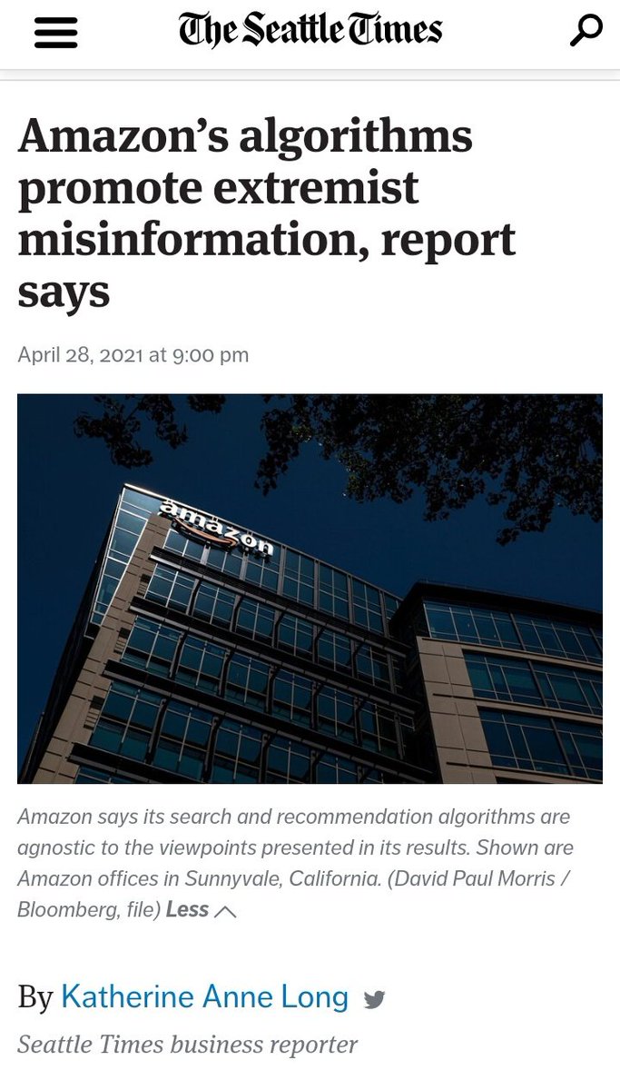 Big Censorship is gunning for  @amazon again. https://www.seattletimes.com/business/amazon/amazons-algorithms-promote-extremist-misinformation-report-says/