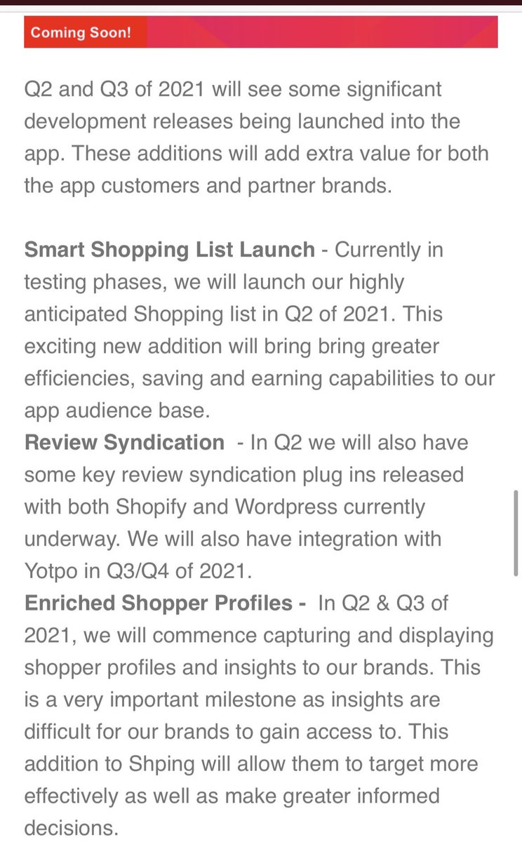  $SHPING will kick off marketing very soon. They developed their product for years and now ready for mass adoption. Check out the roadmap for Q2 , Q3 -> 2021 