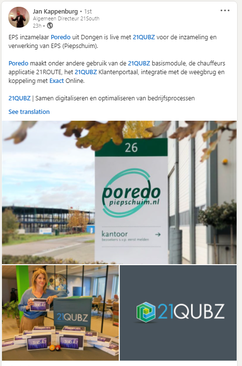 EPS inzamelaar Poredo uit Dongen is live met #21QUBZ voor de #inzameling en #verwerking van EPS (Piepschuim).  

#21QUBZ | Samen #digitaliseren en #optimaliseren van bedrijfsprocessen

#innovatie 
#mendix
#softwareplatform