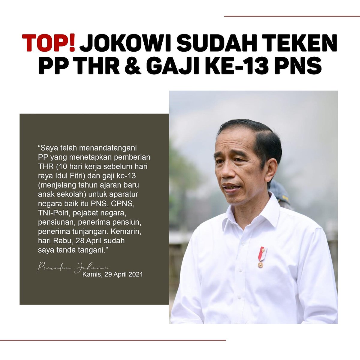 Presiden Joko Widodo Sudah Teken PP THR dan Gaji ke-13 PNS ~ Dr. M. Fadjroel Rachman <a href="/JubirPresidenRI/">StafKhususPresiden_Komunikasi</a> <a href="/jokowi/">Joko Widodo</a> #BungFADJROEL