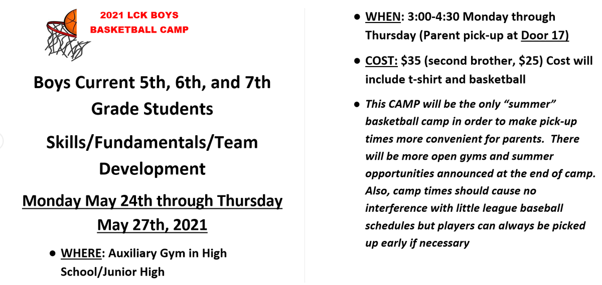 LCKBasketball's tweet photo. Please see the below information on basketball camp for kids that are currently in grades 5, 6, and 7!! https://t.co/p0YqQ1e9ij