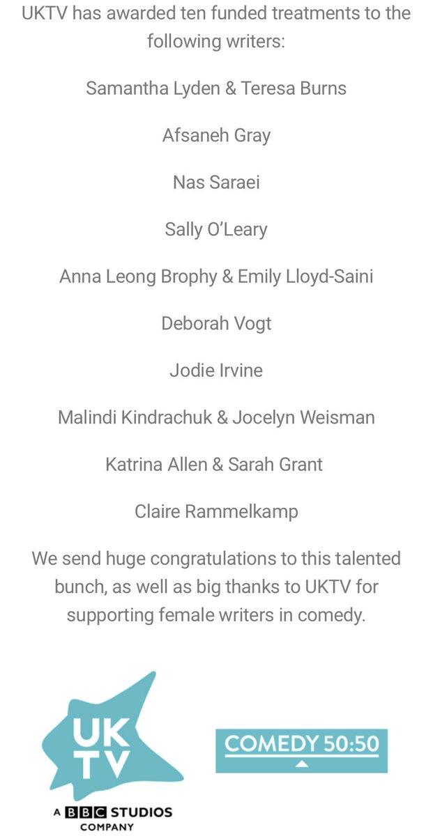 PBJ Management (@pbjmanagement) on Twitter photo We’re all very proud of PBJ’s <a href="/LongBrophy/">Anna Leong Brophy</a> , @emilylloydsaini and <a href="/ClaireRammelkmp/">Claire Rammelkamp</a> who have all received funding for a treatment by <a href="/UKTV/">Official UKTV</a> and <a href="/50Comedy50/">comedy50:50</a> 👏
A huge congrats to all 🙌 We’re all very proud of PBJ’s <a href="/LongBrophy/">Anna Leong Brophy</a> , @emilylloydsaini and <a href="/ClaireRammelkmp/">Claire Rammelkamp</a> who have all received funding for a treatment by <a href="/UKTV/">Official UKTV</a> and <a href="/50Comedy50/">comedy50:50</a> 👏
A huge congrats to all 🙌