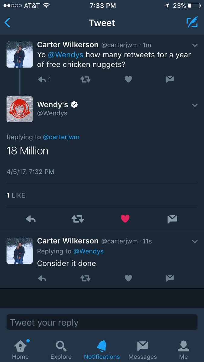 Third on the list is Carter Wilkerson  @carterjwm who asked for  @Wendys free chicken nuggets.