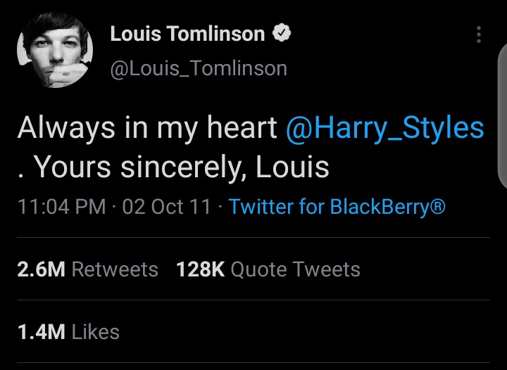 Fifth is an iconic tweet from a quarter of One Direction's  @Louis_Tomlinson to  @Harry_Styles on October 2, 2011. Oh I was born October 2 