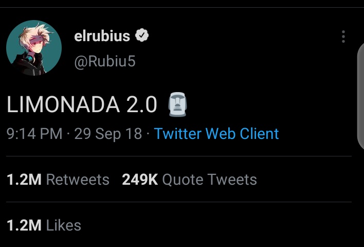 No longer strange to this  @Rubiu5 again at number 8 with Limonada refix which he tagged "Limonada 2.0"  https://twitter.com/Rubiu5/status/1046131118385352704?s=19