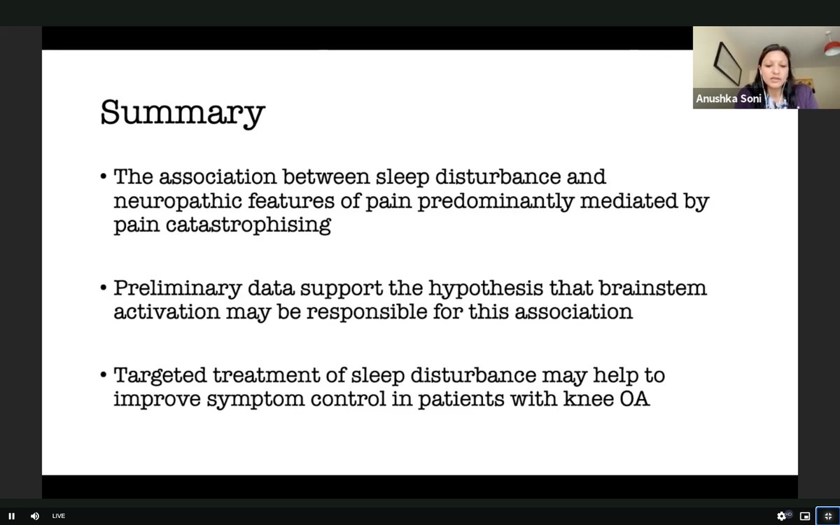 draleiva's tweet image. Excellent presentation by Dr Anushka Soni in the poster session in #BPSASM2021 on Psychological mediators and neural correlates of sleep disturbance in osteoarthritic knee pain