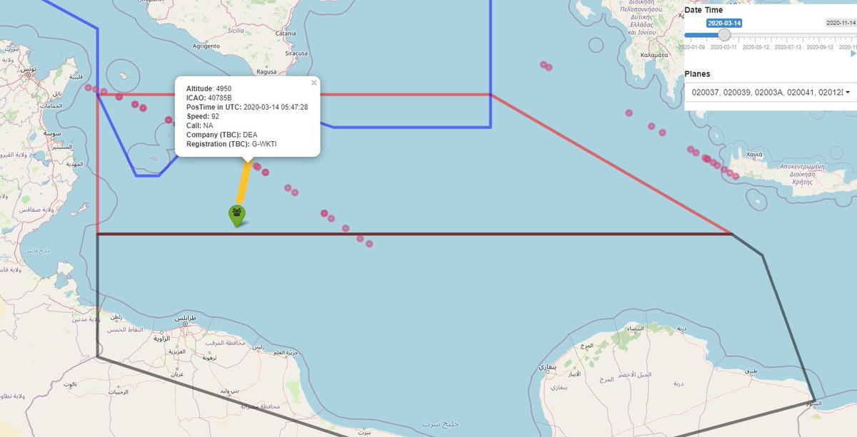 An example: March 14 is an SAR case with big delay, flight data shows Frontex aircraft G-WKTI heading in the direction of a boat before the coverage disappears, we know from confidential sources that it spotted the boat around 06:00z. map credit:  @EmmanFre