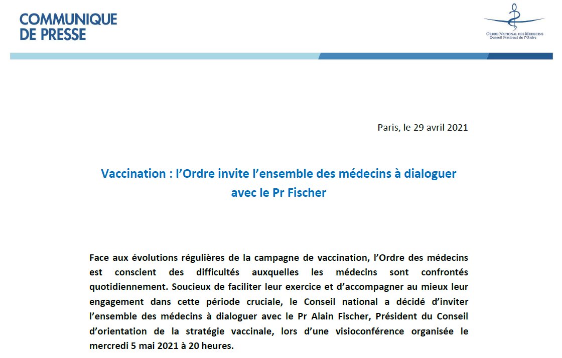 Ordre des Médecins (@ordre_medecins) on Twitter photo Médecins, des questions sur la #vaccination ?
🗯 L’Ordre vous invite à dialoguer avec <a href="/PrAlainFischer/">Alain Fischer</a>, président du conseil d’orientation de la stratégie vaccinale, le 5 mai à 20h
❓ Envoyez-nous vos questions ou posez-les en direct le jour J
conseil-national.medecin.fr/publications/c… #Covid19 Médecins, des questions sur la #vaccination ?
🗯 L’Ordre vous invite à dialoguer avec <a href="/PrAlainFischer/">Alain Fischer</a>, président du conseil d’orientation de la stratégie vaccinale, le 5 mai à 20h
❓ Envoyez-nous vos questions ou posez-les en direct le jour J
conseil-national.medecin.fr/publications/c… #Covid19