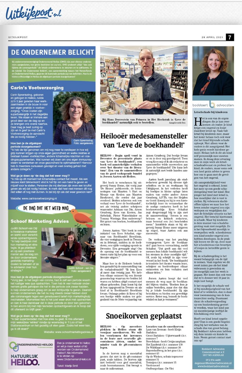 De Ondernemer Belicht! In de Uitkijkpost gaan we in samenwerking met het Herstelfonds en Natuurlijk Heiloo een aantal van onze zzp'ers aan het woord laten.
Carin Sprenkeling van Carin's voetverzorging en Judith Schoof-van Dijl van Schoof Marketing Advies trappen af. #heiloo