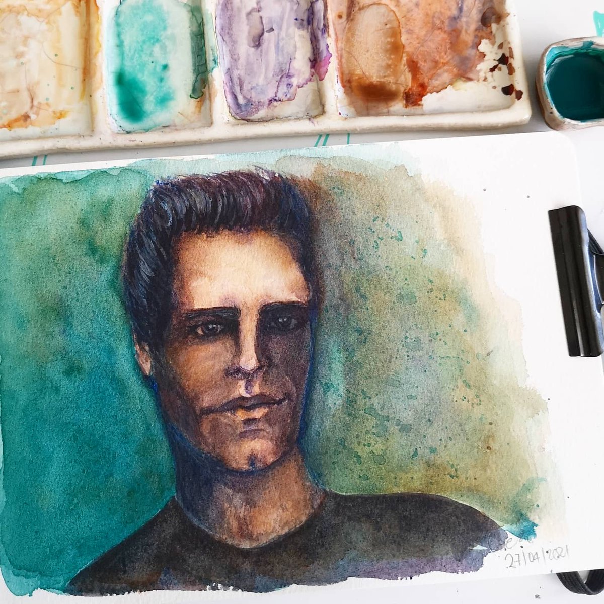 MissThundercat's tweet image. Most recent portrait painting in my @etchr_lab sketchbook. The blue green in the background is also a color I made . #ArtistOnTwitter #portrait #sketchbookpractice #watercolorart